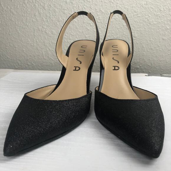 Unisa Elastic Slingback Black Matte Glitter Pointed Toe Heels Size 7 Goth Emo - Picture 8 of 11
